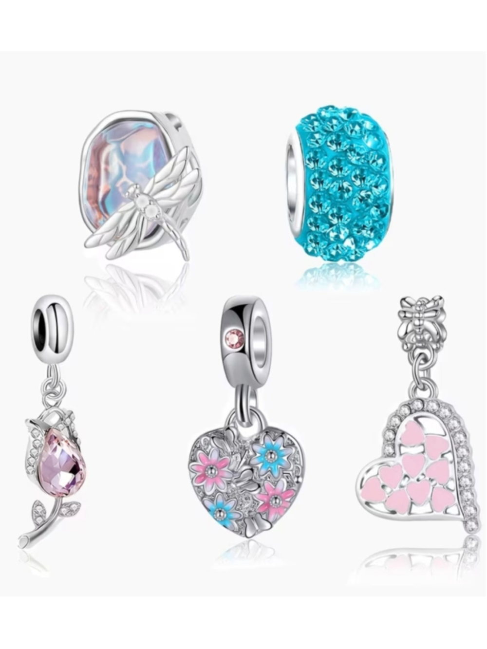 Women's Silver Charm Bracelet Set One Size Pink and Blue